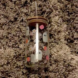Halloween Ghost and pumpkin glass tumbler with straw and wooden lid